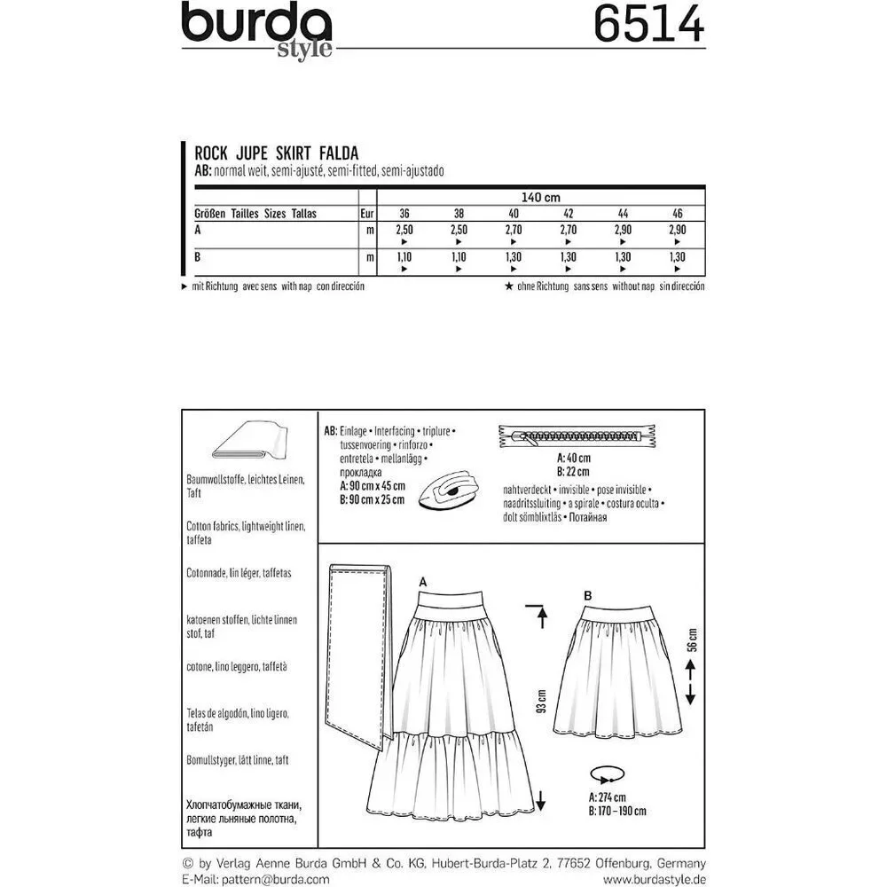 Burda Sewing Pattern‎ 6514 Skirt Tiered Misses Size 10-20 UNCUT